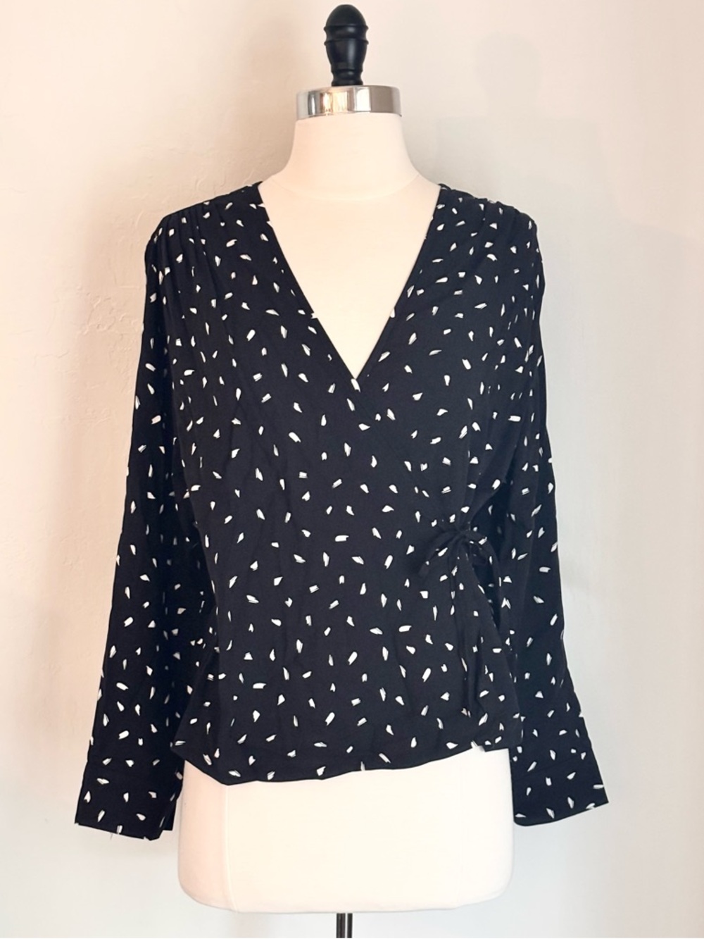Black Long Sleeved Wrap Front Top in Brushstroke Print, NWT